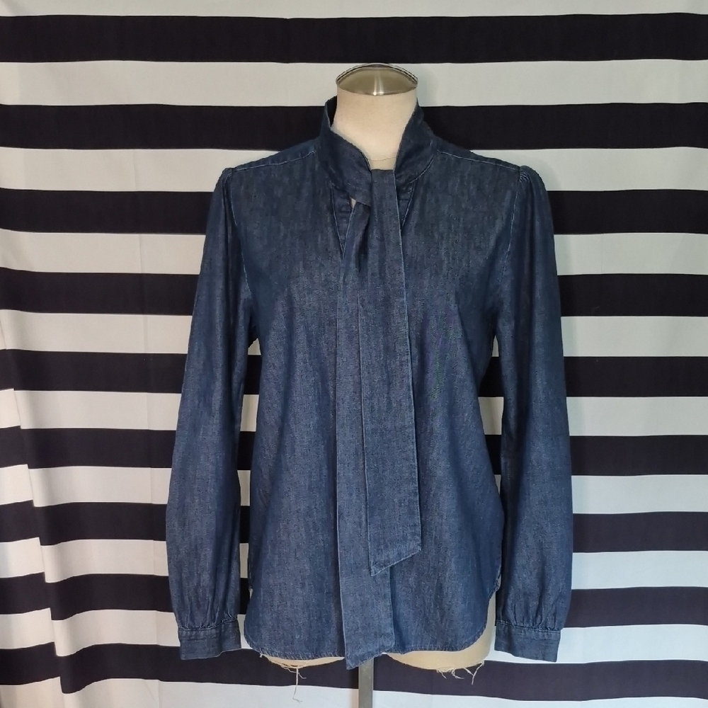 J Crew Tie Neck Medium Denim Shirt NWT - Picture 3 of 7